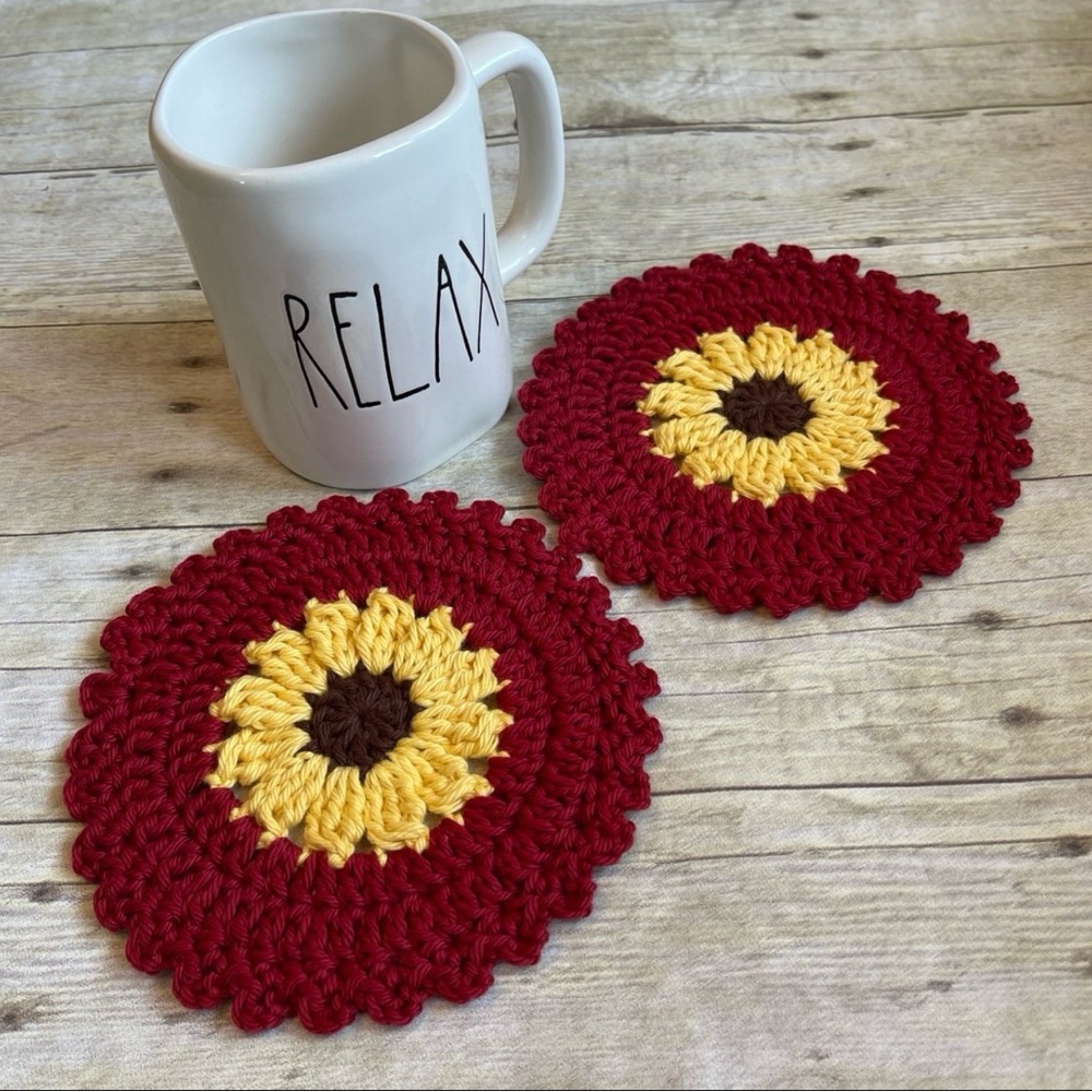 Sunflower Coasters/Small Doilies Set of Two Dark Red 6 Inches